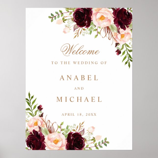 Poster Floral Burgundy Blush - Sinal de Casamento Elegant (Frente)