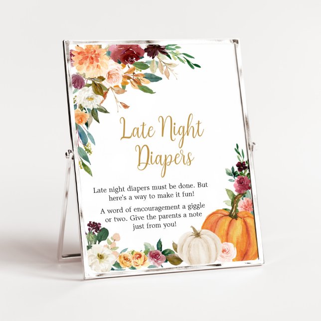 Poster Floral Burgundy Pumpkin Fraldas Noturnas (Pumpkin Baby Shower Late Night Diapers Sign
)