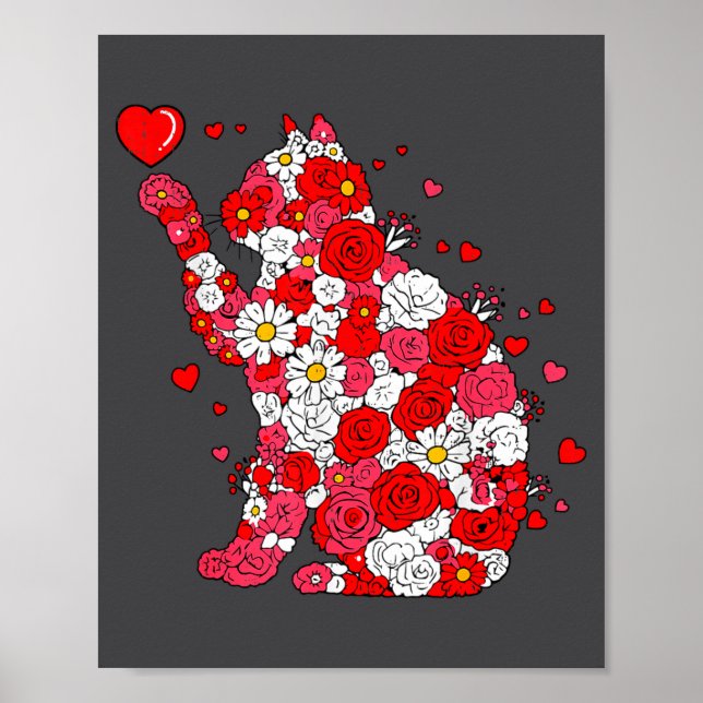 Poster Floral Cat Heart Valentines Day Meow Kitty Kitten  (Frente)