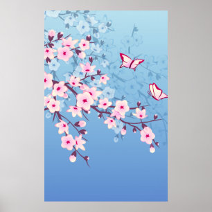 Poster Floral Cereja Brilhante Azul Rosa