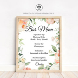 Poster Floral Cocktail Bar Menu Bridal Shower Sign