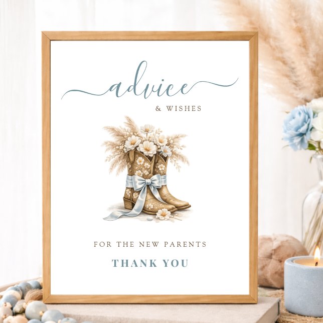 Poster Floral Cowboy Boots & Bows Boy Baby Shower Advice (Criador carregado)