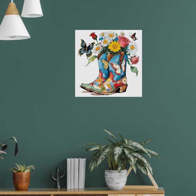 Poster Floral Cowgirl Boots with Daisies & Butterflies (Sala de Estar 1)