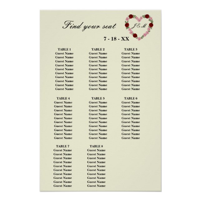 Pôster  Floral Cream Heart Wedding Seating Plan 8 Tables (Frente)
