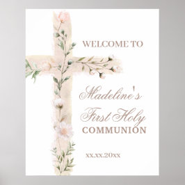 Poster floral cross First Communion welcome sign