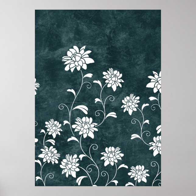 Pôster Floral damask azul e flores brancas - chic (Frente)