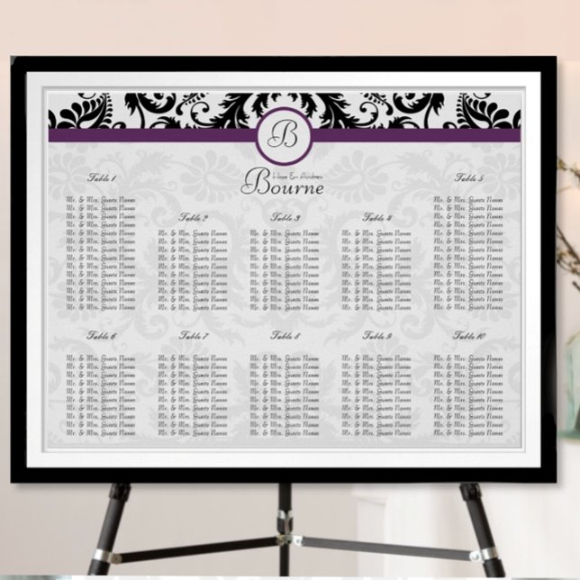 Pôster Floral Damask Preto e Branco com Acento Roxo (Criador carregado)