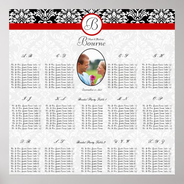Poster Floral Damask Preto e Branco com Corte Vermelho Fo (Frente)