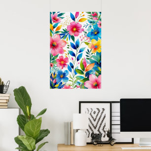 Poster Floral de Aquarela - Flores Amarelas Azuis Cor-de-