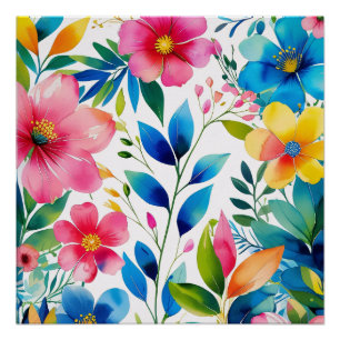 Pôster Floral de Aquarela - Flores Amarelas Azuis Cor-de-