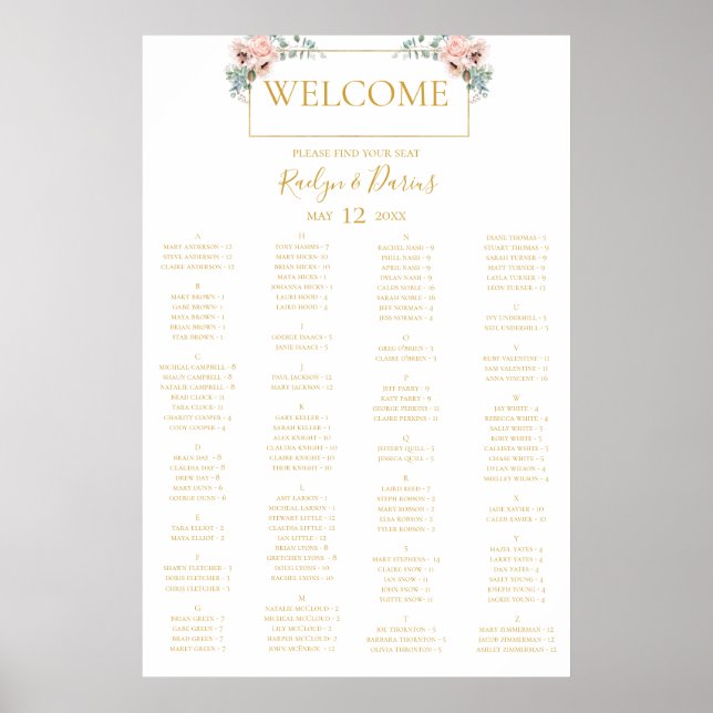 Poster Floral de Blush Elegante | Gráfico de assentos alf (Frente)