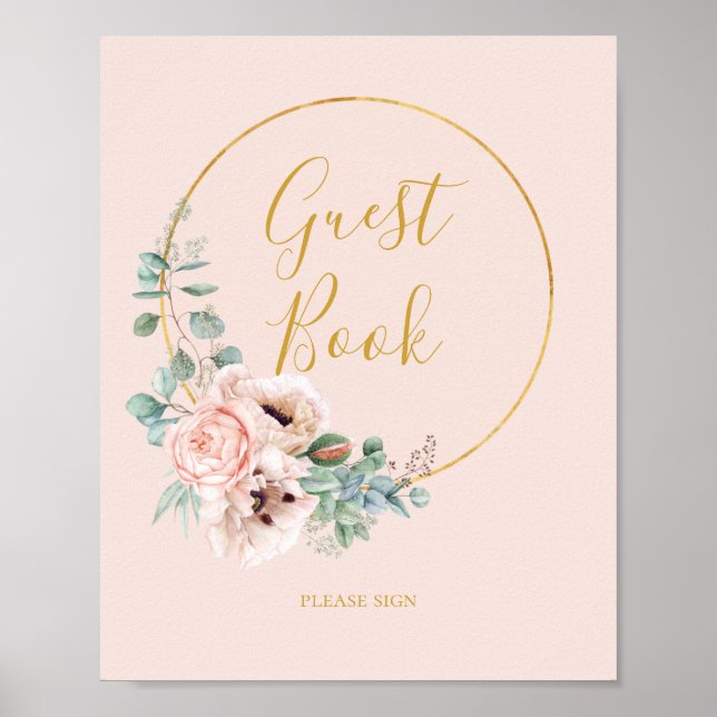 Poster Floral de Blush Elegante | Sinal de Livro de Convi (Frente)