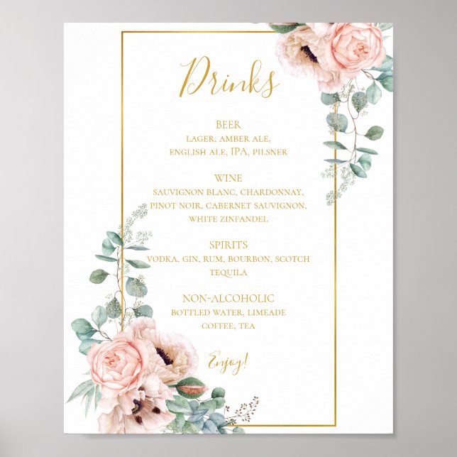 Poster Floral de Blush Elegante | Sinal de menu Drinks pa (Frente)