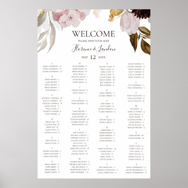 Poster Floral de Blush Moderno | Gráfico de assentos alfa (Frente)