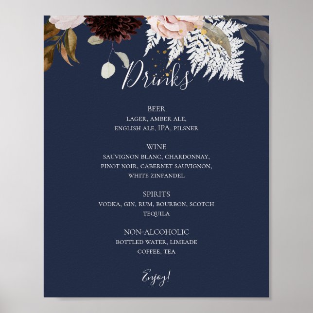 Poster Floral de Blush Moderno | Marinho De Bebidas De Ca (Frente)