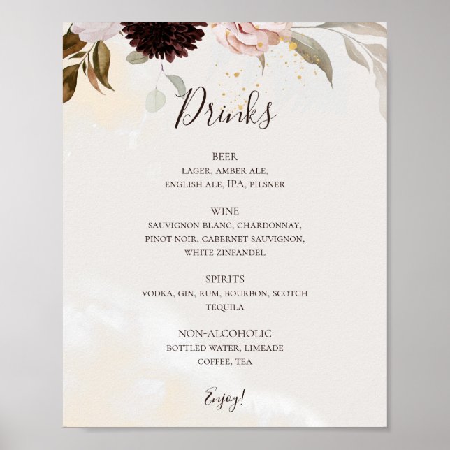 Poster Floral de Blush Moderno | Menu Bebidas por Aquarel (Frente)