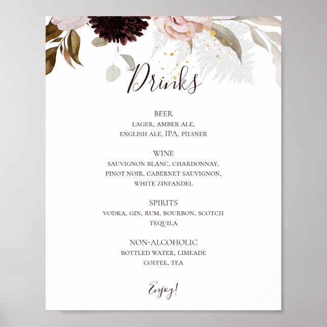 Poster Floral de Blush Moderno | Sinal de menu Drinks par (Frente)
