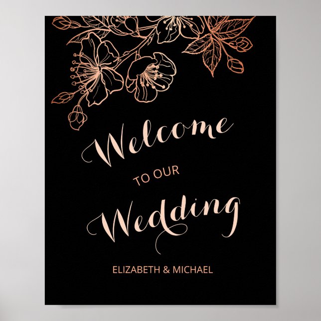 Poster Floral de cobre preto | Boas-vindas ao Casamento G (Frente)