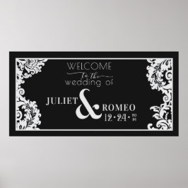 Poster Floral de Damasco Elegante Branco e Preto Moderno
