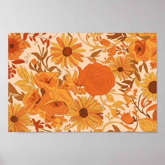 Poster Floral de outono quente com sopro amarelo e laranj (Frente)