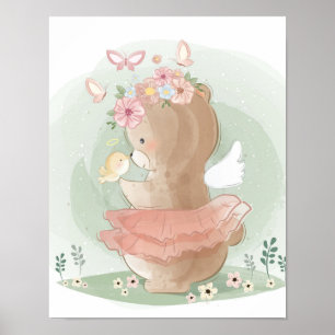 Poster Floral de Urso Branco Bonito