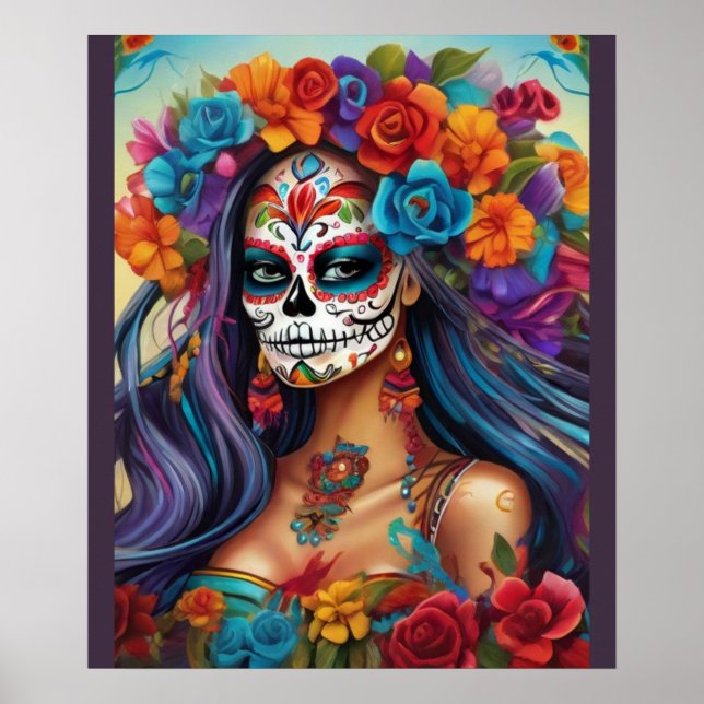 Poster Floral Esplendor na Maquiagem do Crânio do Açúcar (Frente)
