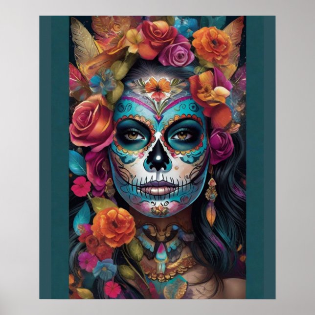 Poster Floral Fiesta: Mulher Abraça Dia de los Muertos (Frente)