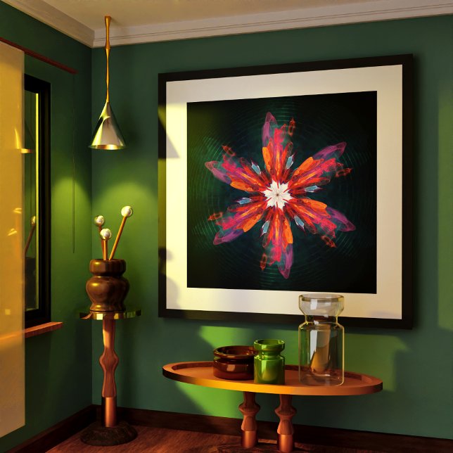 Poster Floral Flores de Mandala Laranja Vermelho Abstrato (Floral Mandala Flowers Orange Red Blue Abstract Poster)