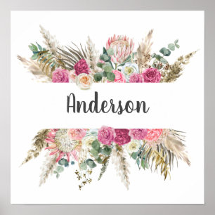 Poster Floral, Flores, Sobrenome Monograma, Presente de C