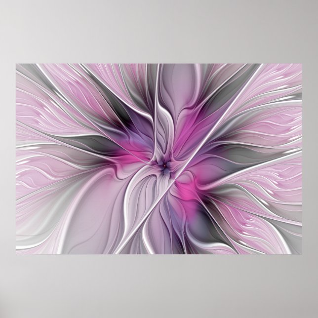 Pôster Floral Fractal Moderno Abstrato Flor Rosa Cinza (Frente)