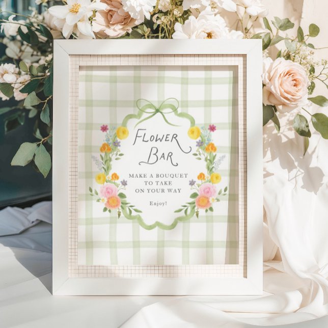 Poster Floral Frame Green Gingham Baby Shower Flower Bar (Criador carregado)