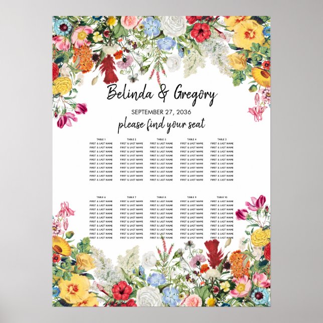 Poster Floral Garden Flowers Wedding Seating Chart (Frente)