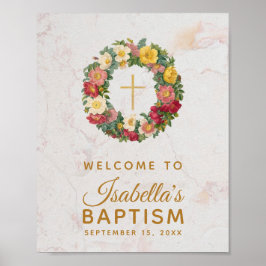 Poster Floral Girl Baptism Dourado Cross Rosa Wreath Marb