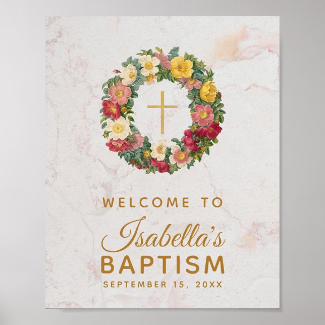 Poster Floral Girl Baptism Dourado Cross Rosa Wreath Marb (Frente)