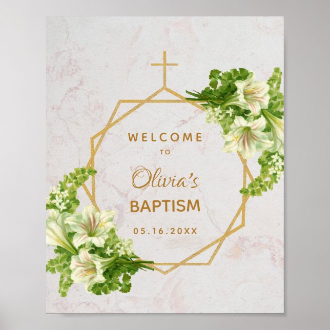 Poster Floral Girl Baptism Dourado Marble Lily Bem-vinda (Frente)