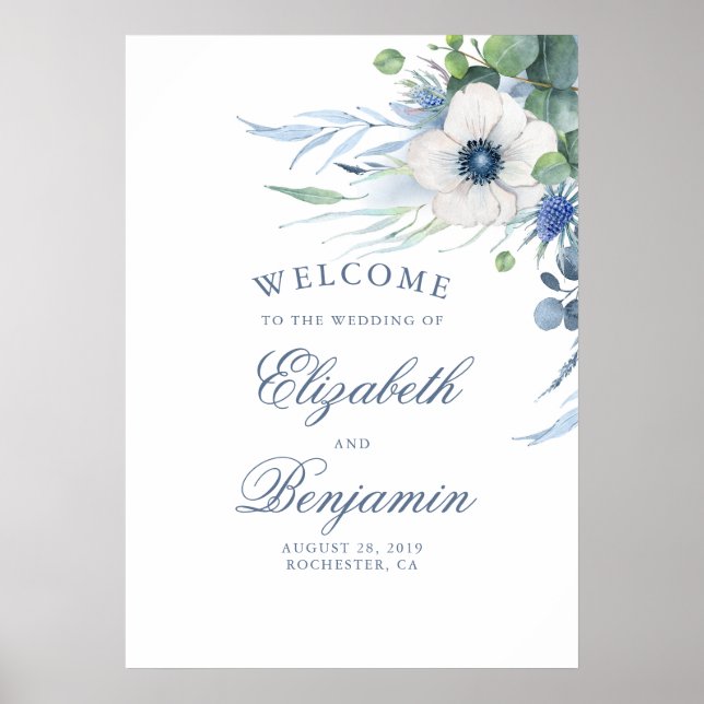 Poster Floral Greenery Dusty Blue Weding Sign (Frente)