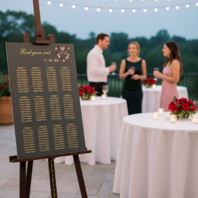 Pôster  Floral Grey Heart Wedding Seating Plan 12 Tables (Criador carregado)