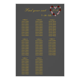 Pôster  Floral Grey Heart Wedding Seating Plan 8 Tables