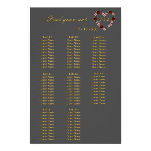 Pôster  Floral Grey Heart Wedding Seating Plan 8 Tables (Frente)
