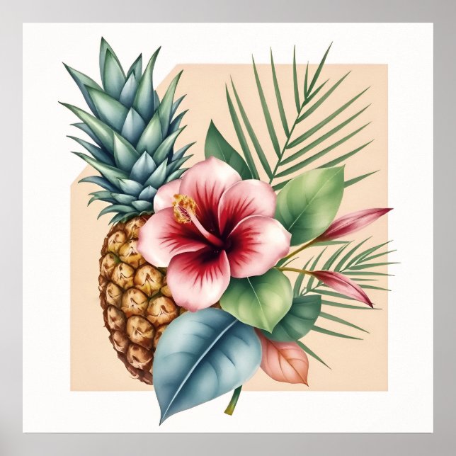 Poster Floral Hawaii Pineapple & Hibiscus Summer Name (Frente)