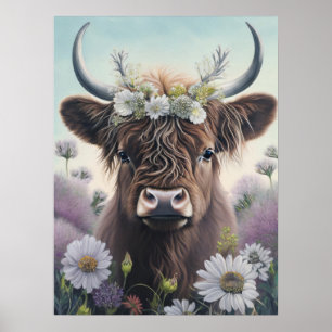 Poster Floral Highland Cow