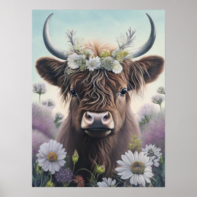 Poster Floral Highland Cow (Frente)