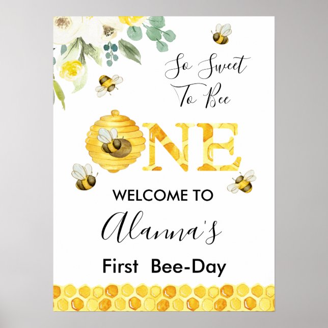 Poster Floral Honey Bee First Bee Day Birthday Bem-vindo (Frente)