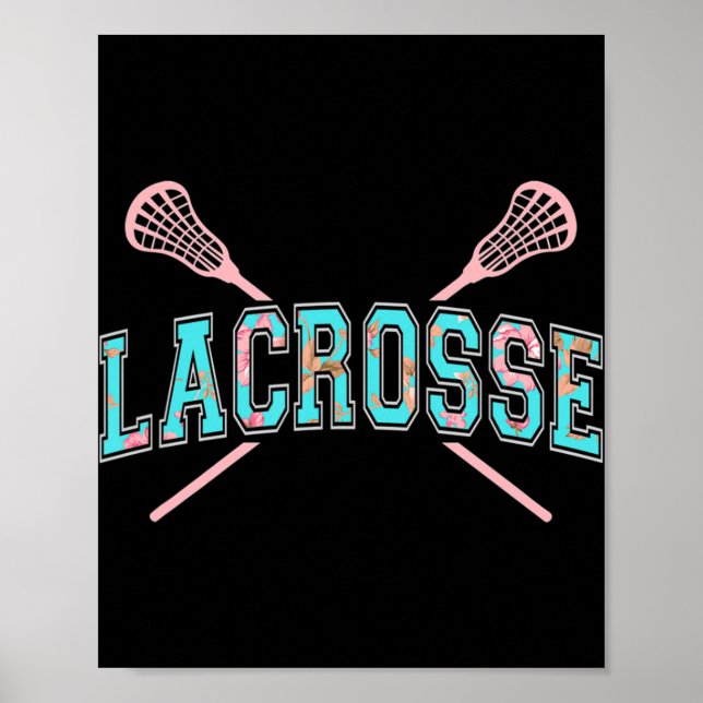 Poster Floral Lacrosse Crossed Sticks LAX Girly Teal PInk (Frente)