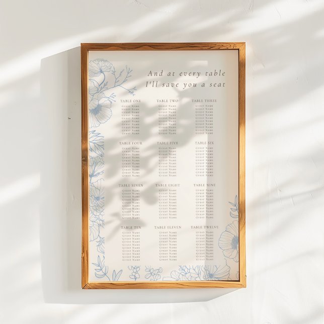 Poster Floral Line Art French Blue Weding Seating Chart (Criador carregado)