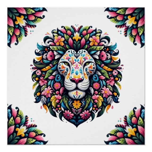 Pôster Floral Lion Silhouette (Frente)