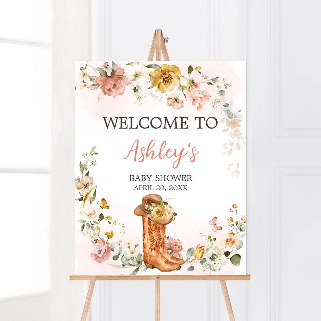 Poster Floral Little Cowgirl Chá de fraldas de Boas-vinda (Cowgirl Wild West Baby Shower Welcome Sign)
