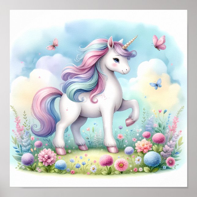 Poster Floral Mágico de Kawaii Unicorn (Frente)