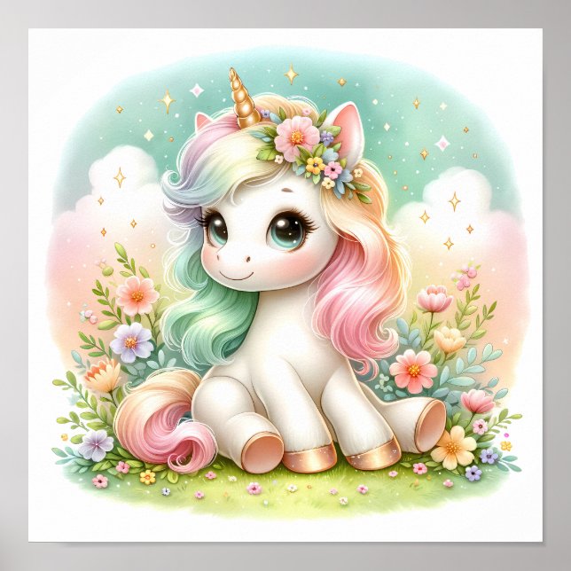Poster Floral Mágico de Kawaii Unicorn (Frente)