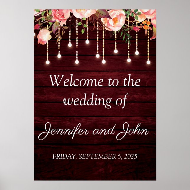 Poster Floral Maroon Wooden Rustic Wedding Welcome (Frente)